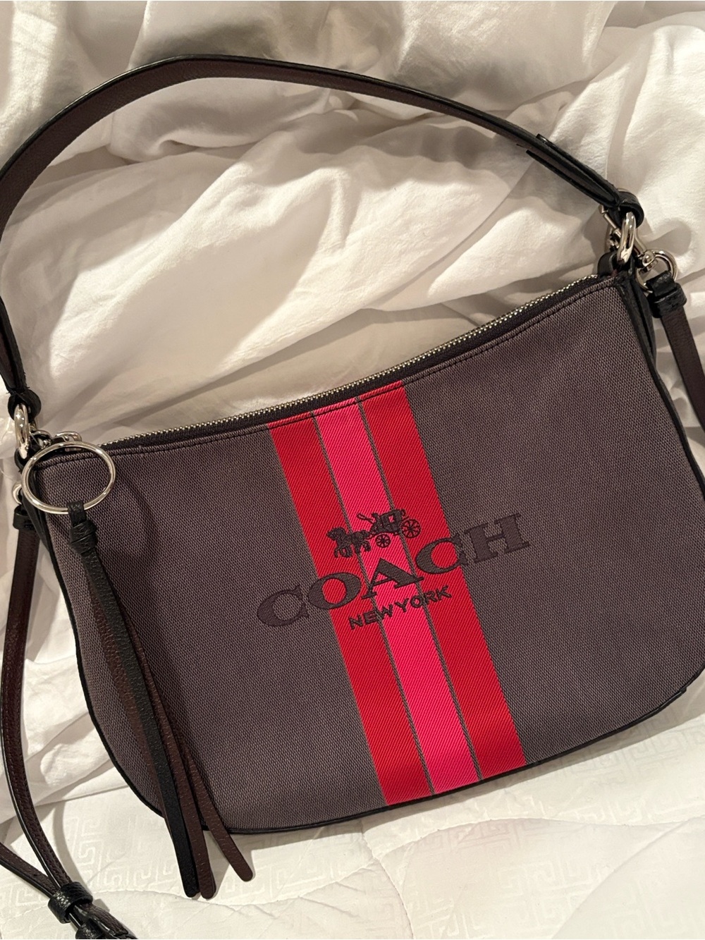 Coach Horse and Carriage Jacquard Sutton Crossbody Bag Pink & Red Center Stripe - Picture 15 of 16